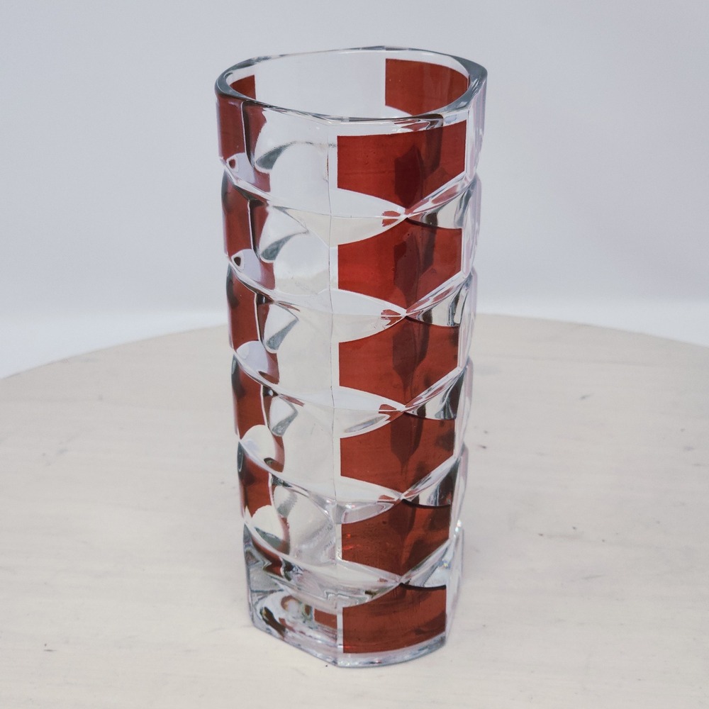 Vtg Luminarc Glass Vase 6.5" JG Durand Red to Clear Cut Geometric France MCM